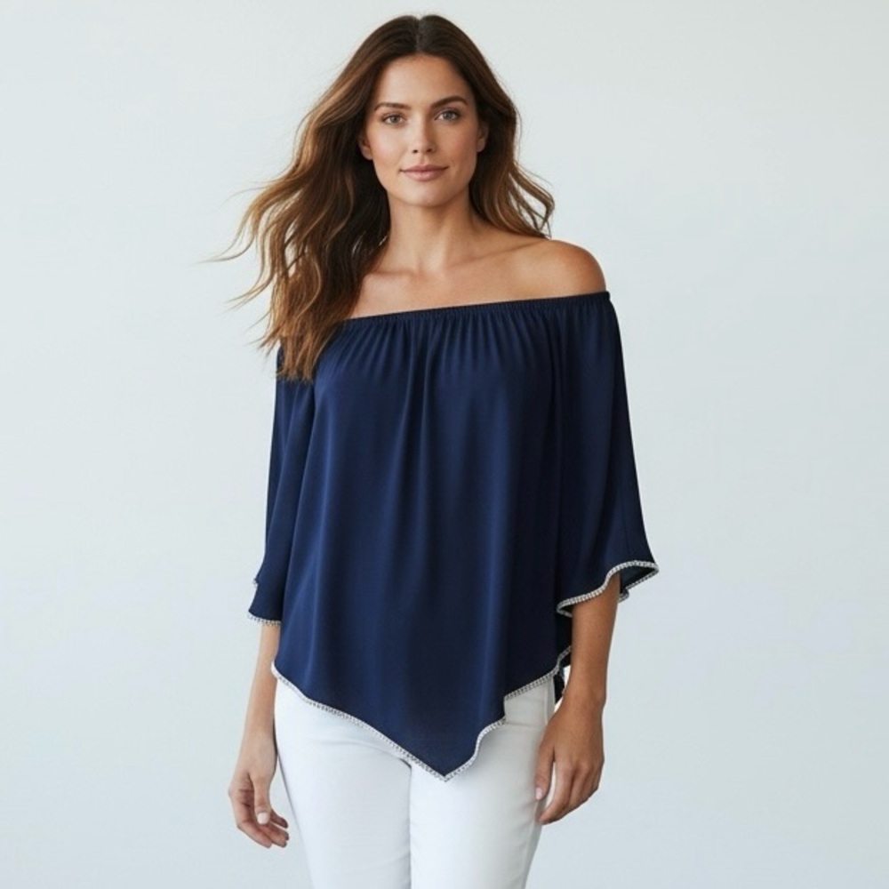 Prelude‎ Rhinestone Trim Off the Shoulder Blue Cape Style Blouse